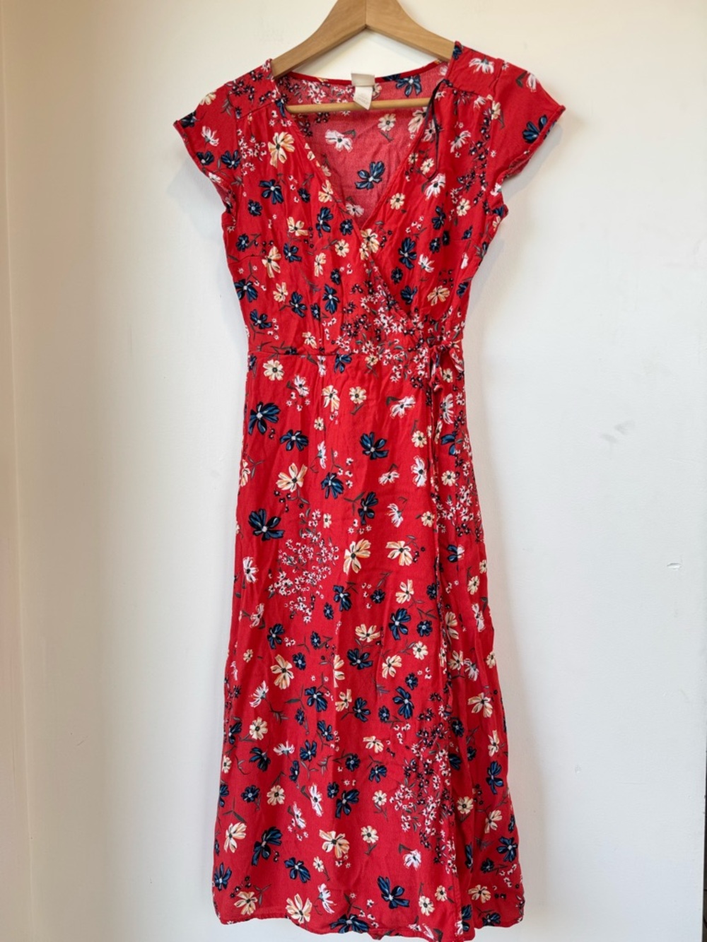 H&M Red Floral Midi Dress with Navy & Cream Accents